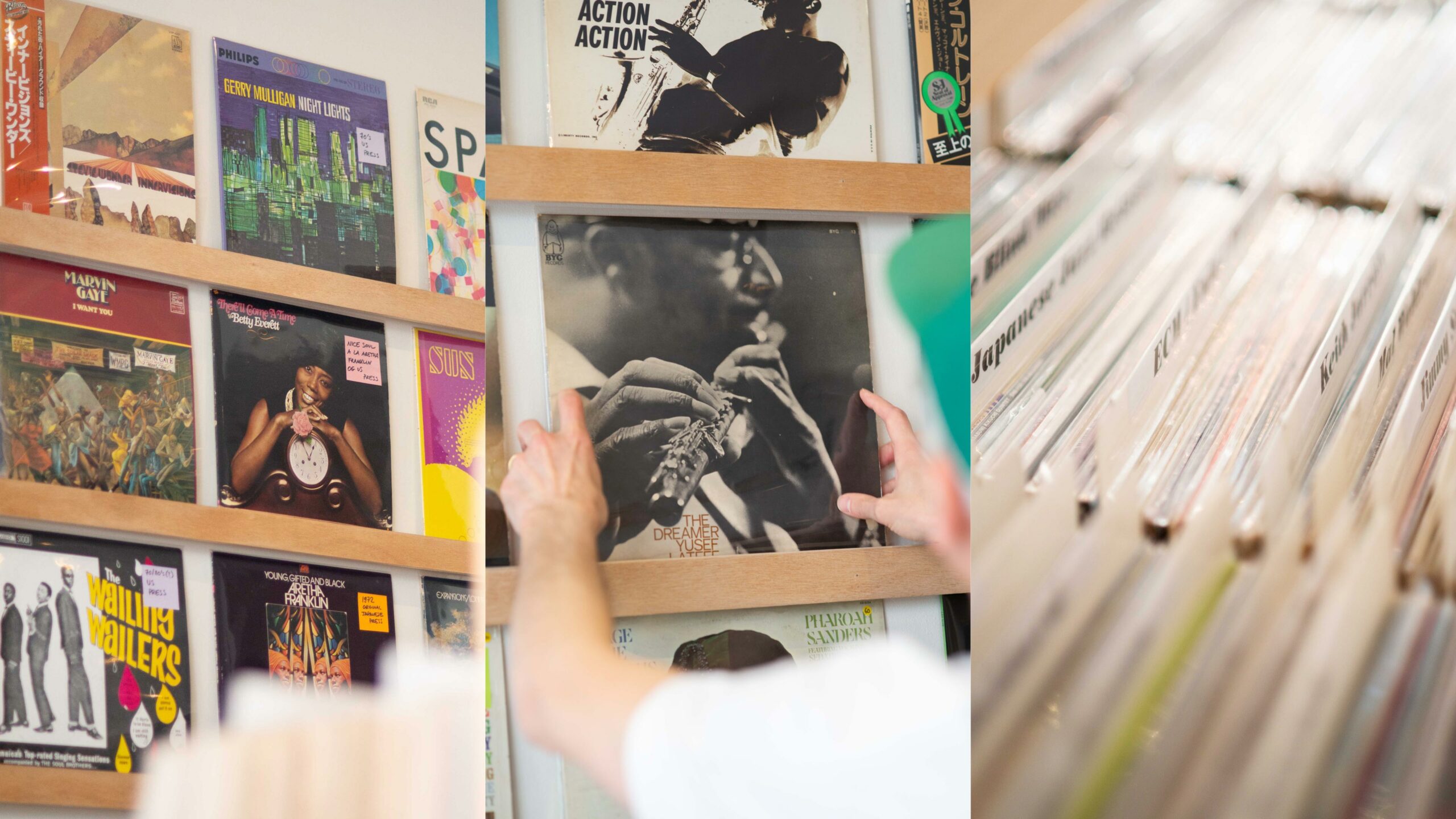 disquaire arrangeant les mur des disques